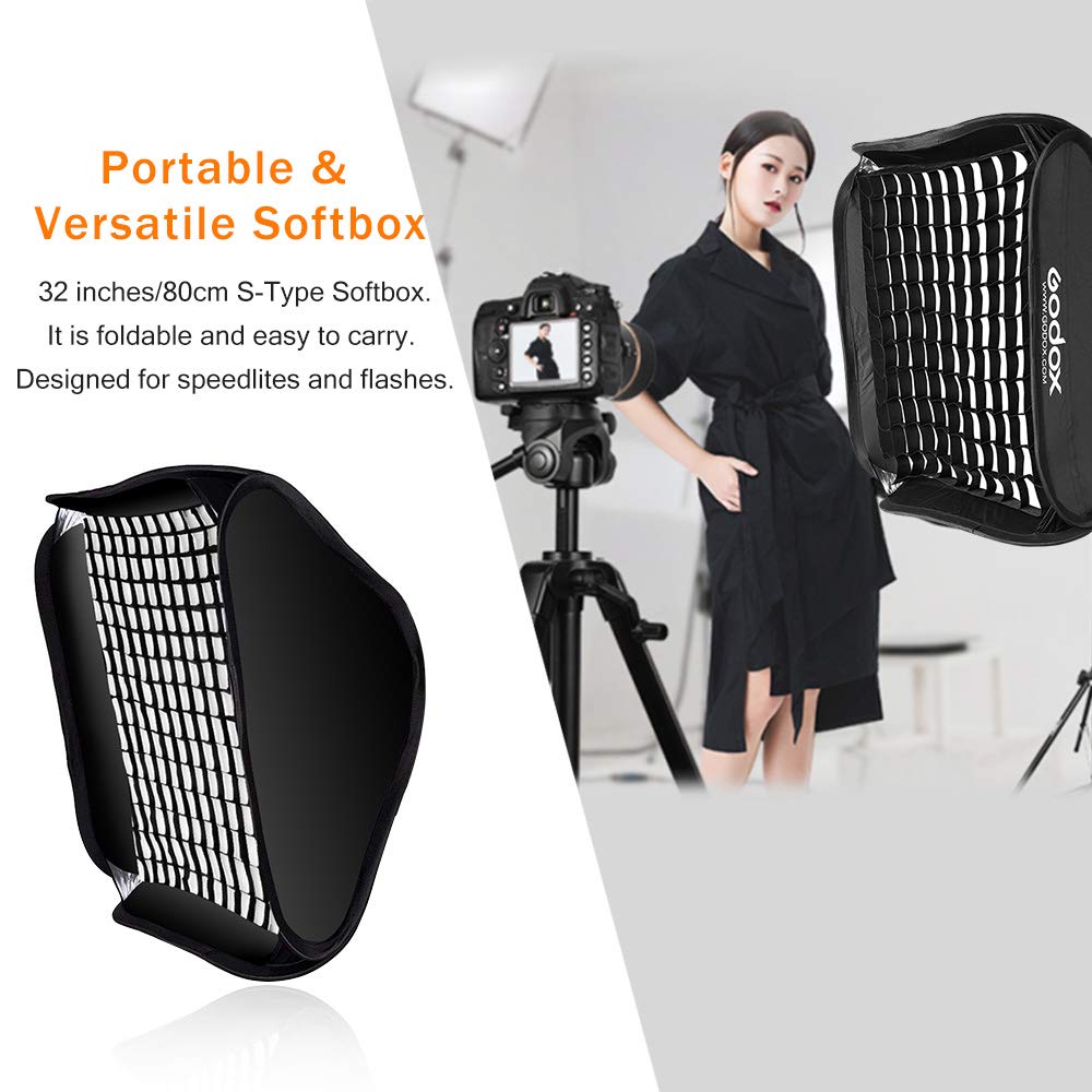 GODOX 80 x 80cm Pliable Grille Boîte à Lumière + S-Type Support Bowens Support pour Godox V850 V860c AD360 Canon 430EX/430EX II 580EX Nikon SB 800 (SFGV80x80 Softbox kit)