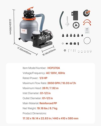 Miniatura 7 de VEVOR Bomba de filtro de arena para piscina sobre el suelo, 12 pulgadas, 2650 GPH, sistema de bomba de filtro de arena para piscina de 13 HP,