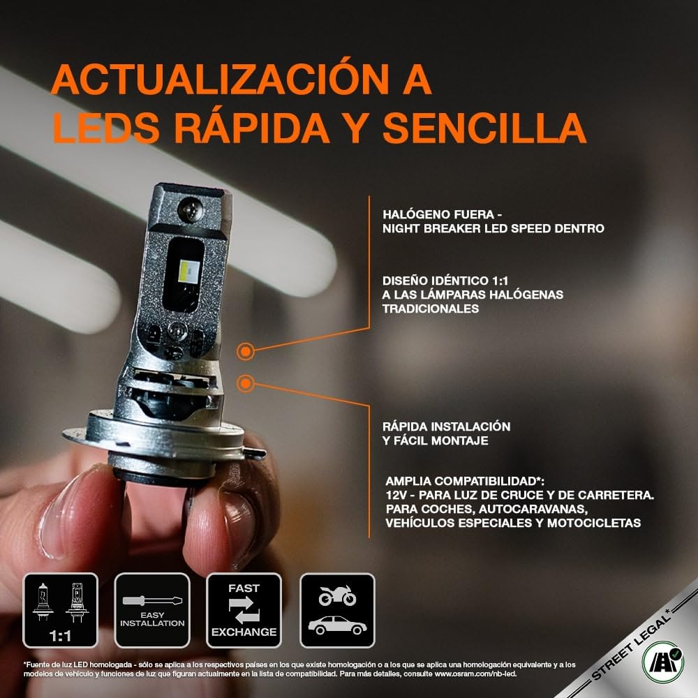 OSRAM NIGHT BREAKER LED SPEED H7 450, LED de luz de carretera y de cruce homologado para calle, hasta un 450% más de brillo, 6000K, sin necesidad de accesorios mecánicos, LEDEC02 integrado