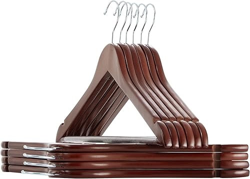 Perchas de madera natural maciza, paquete de 10 perchas resistentes con acabado liso con barra antideslizante para pantalones, muescas cortadas con
