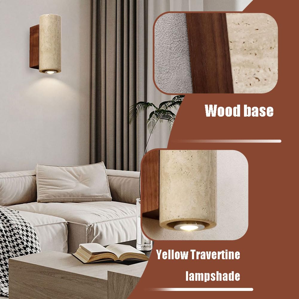 Corps de Lampe en travertin Jaune avec Base Bois, Applique Murale Style campagnard Nordique, à Connexion Fil Dur, luminaires décoratifs for Chambre Coucher, escalier, Salle Manger