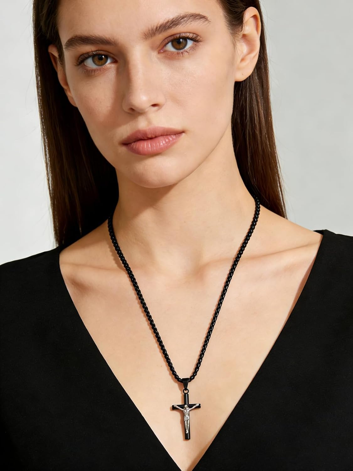 Crucifix Cross Necklace 18k Gold Plated Stainless Steel Cross Pendant Necklace with Jesus 3mm 20" Figaro Chain For Men Women - Image 2