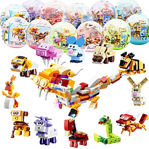 12Pcs PreFilled Easter Eggs with Animals Building Blocks, 12 in 1 Egg Surprise Toys Set for Kids Easter Egg Hunt, Easter Basket Filler, Easter Basket Stuffers, Easter Party Favors Classroom Prize Toys