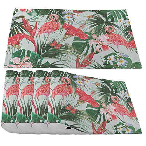 Moslion Flamingo Placemats,Tropical Botanical Exotic Flowers With Jungle Leaf Palm Leaves And Butterflies Place Mats For Dining Table/Kitchen Table,Waterproof Washable Dinner Table Mats,Set Of 4 #TOP8