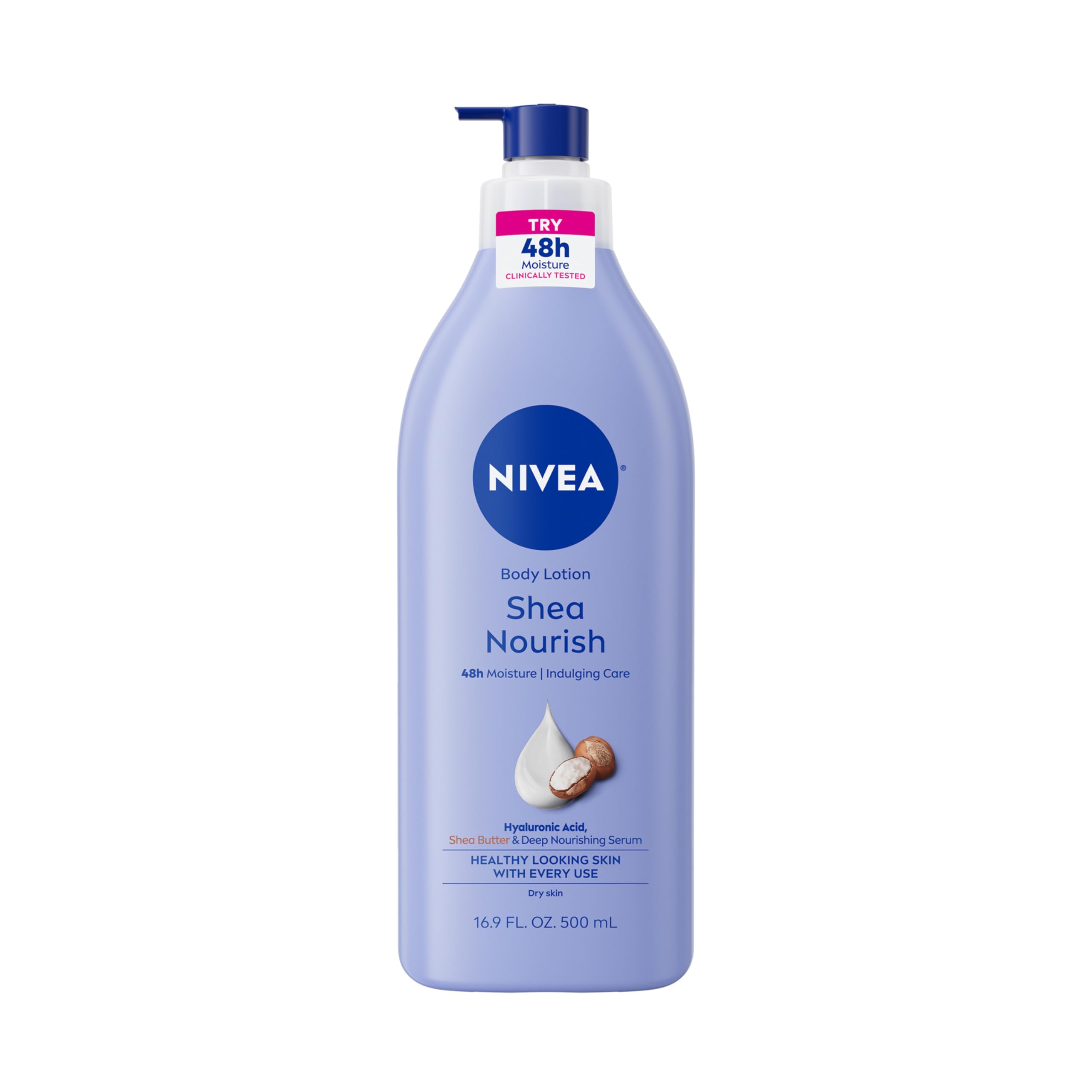 NIVEA Shea Nourish Body Lotion for Dry Skin with Hyaluronic Acid, Shea Butter and Deep Nourishing Serum, 48-Hour Body Moisturizer, 16.9 Fl Oz Pump Bottle