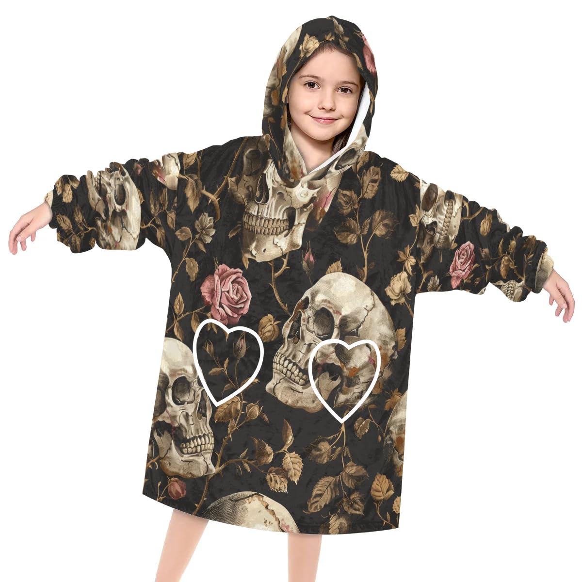 Wearable Blanket Hoodie for Kids, Skull Head (28) Fleece Sweatshirt Blanket Oversized Blanket Sweatshirt with Pocket Flannel Warm Hooded Blanket 6-10 Year Old Girl Boy Gift, One Size