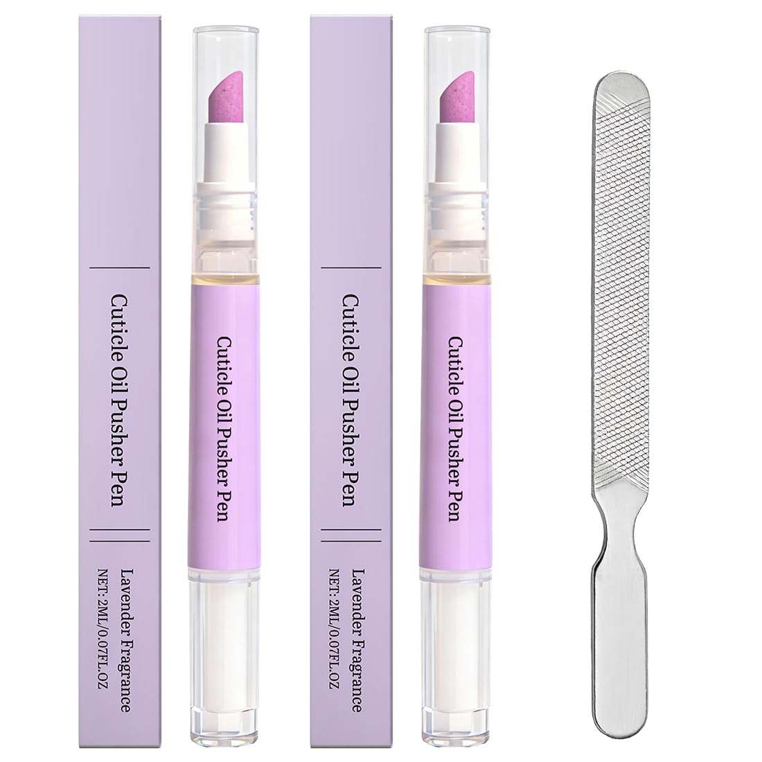 Set de stylos à huile pour cuticules 2 en 1 (2 stylos + 1 lime à ongles) Pointe en céramique Parfum lavande Hydratant et réparateur Soin manucure portable