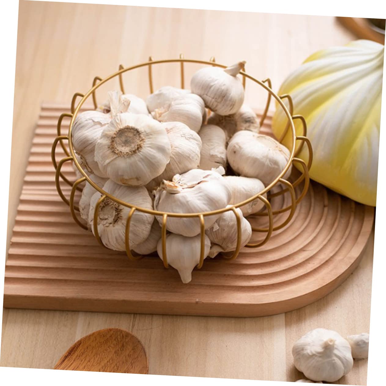 GRIRIW Kitchen Garlic Holder Multi Function Egg Basket and Storage Container for Fruits Vegetables and Garlic Compact Design with Stylish and Stripes