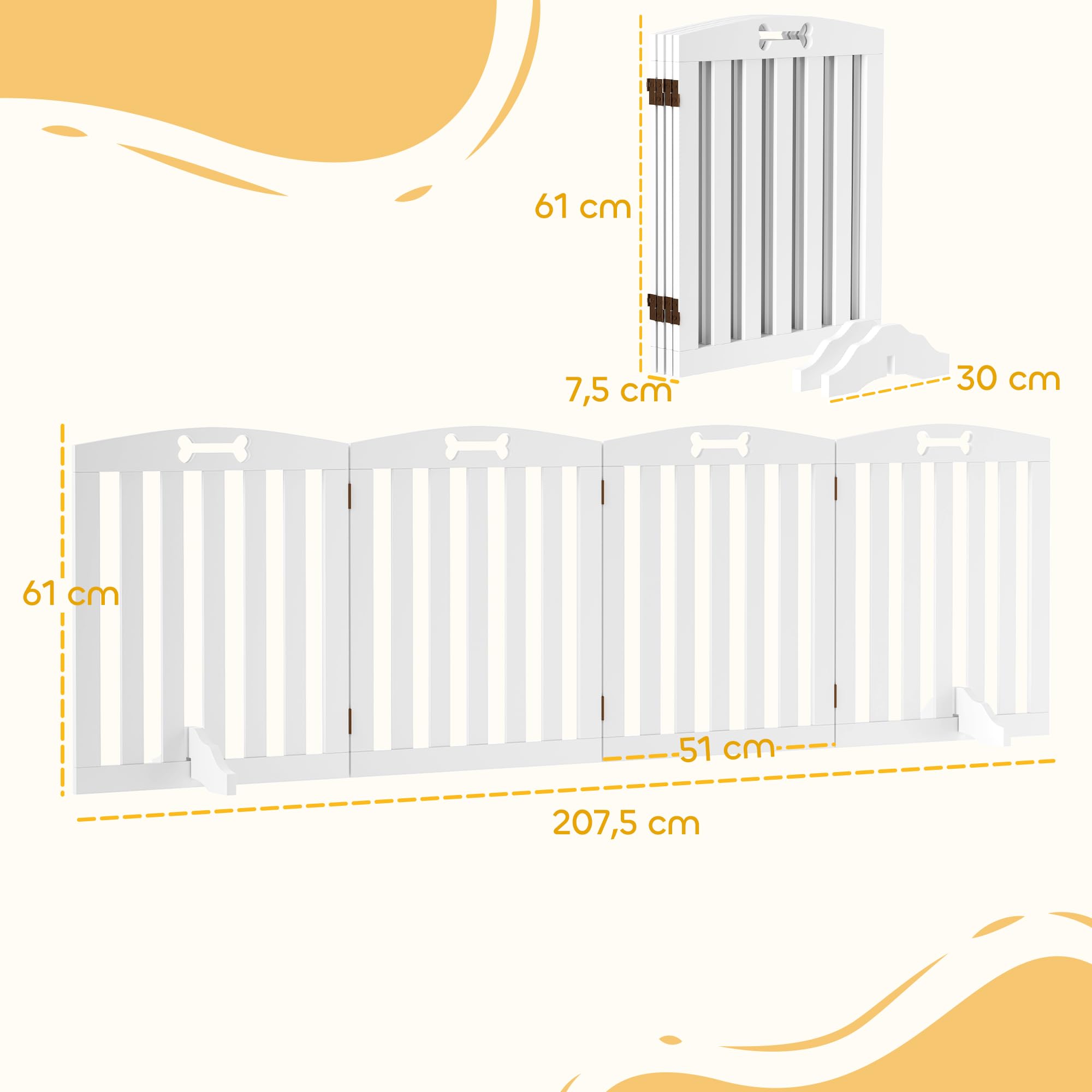PawHut Barrera de Seguridad para Perros Plegable 207,5 cm, Valla para Perros Pequeños y Medianos de 4 Paneles con Pies Extraíbles, Puerta de Seguridad para Mascotas, para Escalera, Pasillo, Blanco