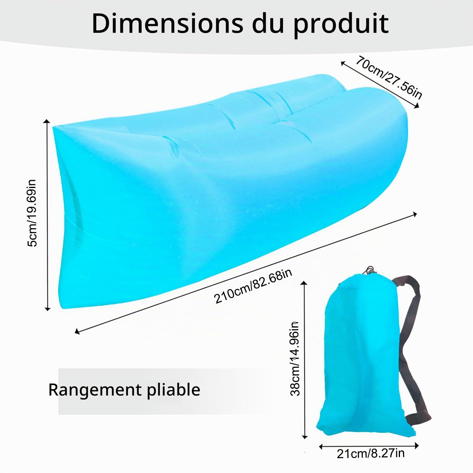 Canapé gonflable de plage, chaise longue gonflable, pliable, anti-fuite d'air, avec sac gonflable pour voyages, camping, festivals de musique 200 x 70 cm