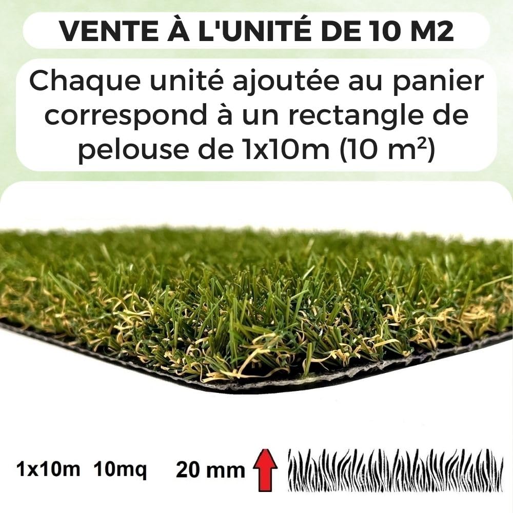 Yelloo - Gazon Synthétique Exterieur (20 mm 1x10m) Pelouse Synthetique Exterieur, Faux Gazon pour Balcon, Terrasse, Herbe Synthetique Exterieur, Tapis Gazon Artificiel, Rouleau Fausse Herbe Exterieur