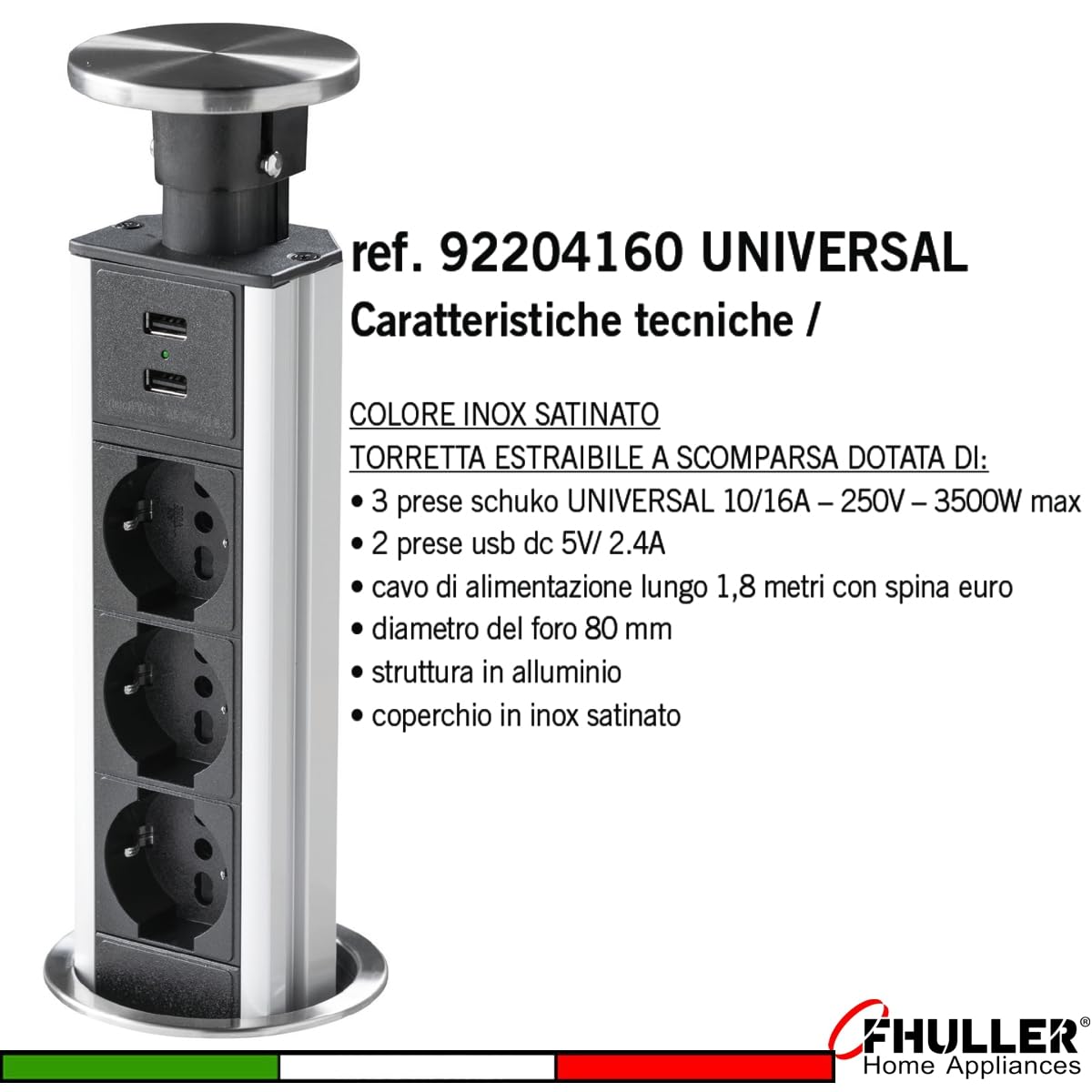 Torretta Elettrica a Scomparsa con 3 Prese Schuko 10/16A, 2 USB, Cavo 1,8m, Alluminio e Coperchio Inox Satinato – Design Moderno, Installazione Flessibile, 3500W Max (Grigia)