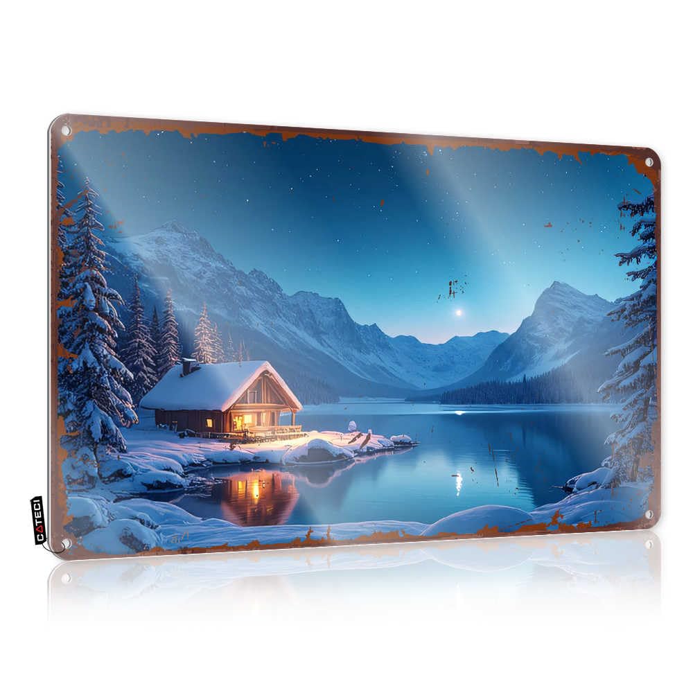 Fzfn Colour Snowy Cabin By The Lake Under A Starry Night Sky Plaques Beauty Room Decor | Vintage Soft Bath Decorative Wall Art(20X30cm)