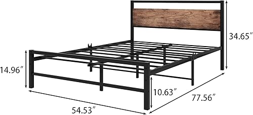 Miniatura 2 de Base de cama de metal negro de tamaño matrimonial con cabecera de madera vintage, plataforma completa resistente con almacenamiento, sin ruido, no