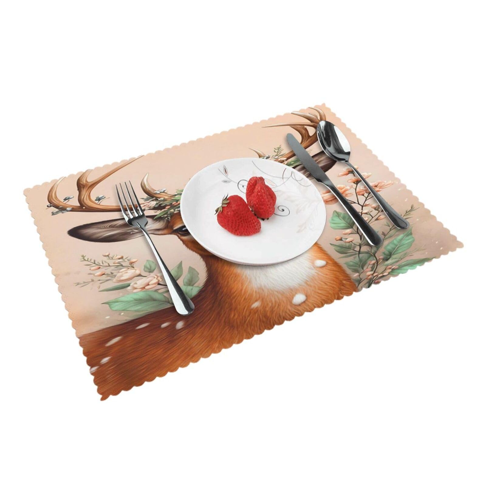 Deer Floral Placemats Set of 4 Print Table Mats Place Mats Table Decor for Kitchen Dining 12X18 in