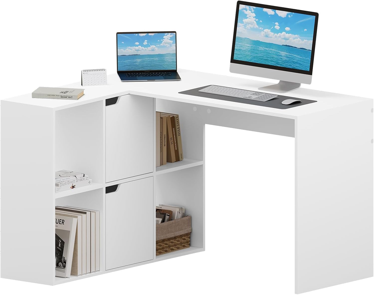 eSituro Escritorio Esquinero en L, 120x100x75 cm, Blanco | 6 Compartimentos, Ahorro de Espacio, para Oficina, Dormitorio y Estudio