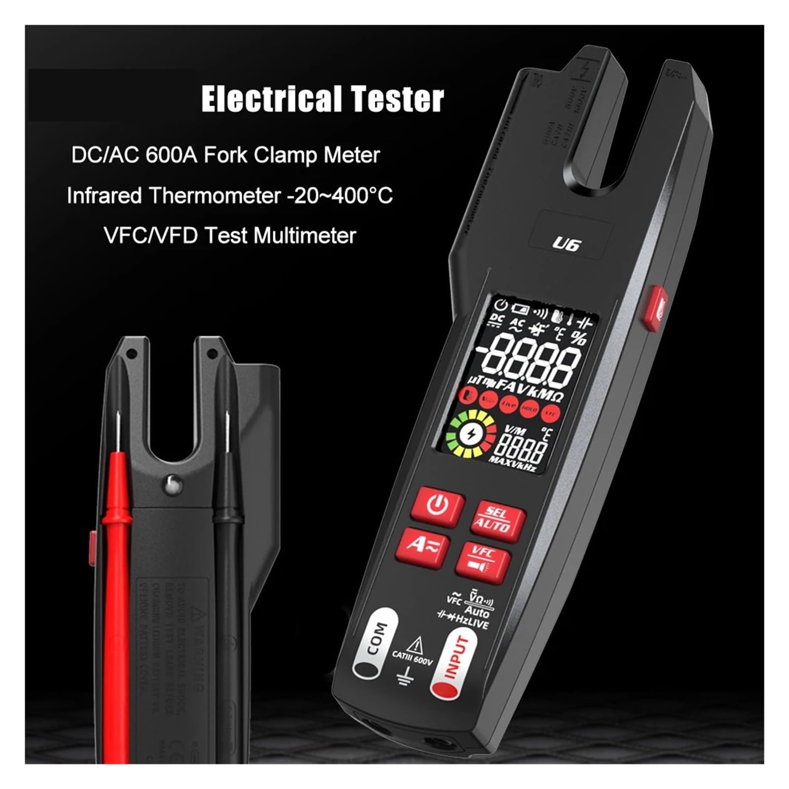 Cyfrowy Miernik Cęgowy Widelec DC/AC 600A Profesjonalne Szczypce Amperomierze T-RMS Prąd OpenJaw Tester Elektryczny Auto Multimetr Szybko Dokładnie Łatwy Odczyt(U6-USB Charging)