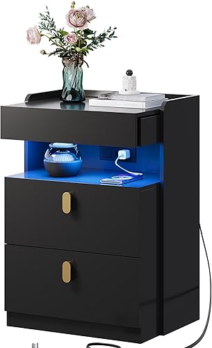 Miniatura 8 de WLIVE Mesita de noche negra con estación de carga y luces LED, mesita de noche con parte superior deslizante, moderna mesita de noche con 2 cajones,