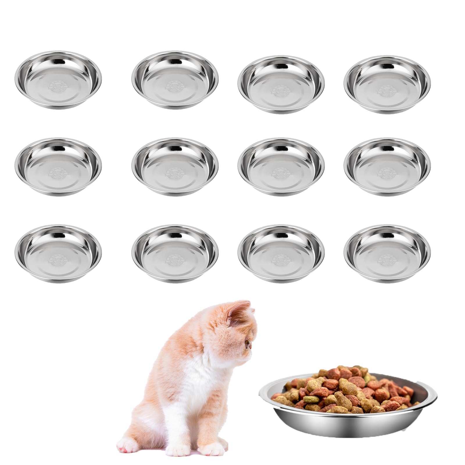 Cat Bowls Whisker Friendly, Shallow Wide Flat Cat Food Bowls 304 Stainless Steel,Metal Cat Dishes Whisker Fatigue Relief,5.5inch Basic Cat Plates for Elevated Stand,Dishwasher Safe (12 PCS)