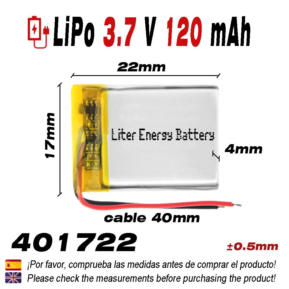Bateria 401722 LiPo 3.7V 120mAh 0.444Wh 1S 5C Liter Energy Battery Akumulator dla Elektroniki ładowalny litowy polimerowy telefon - Nie nadaje się do sterowania radiowego 24x17x4mm (120mAh|401722)