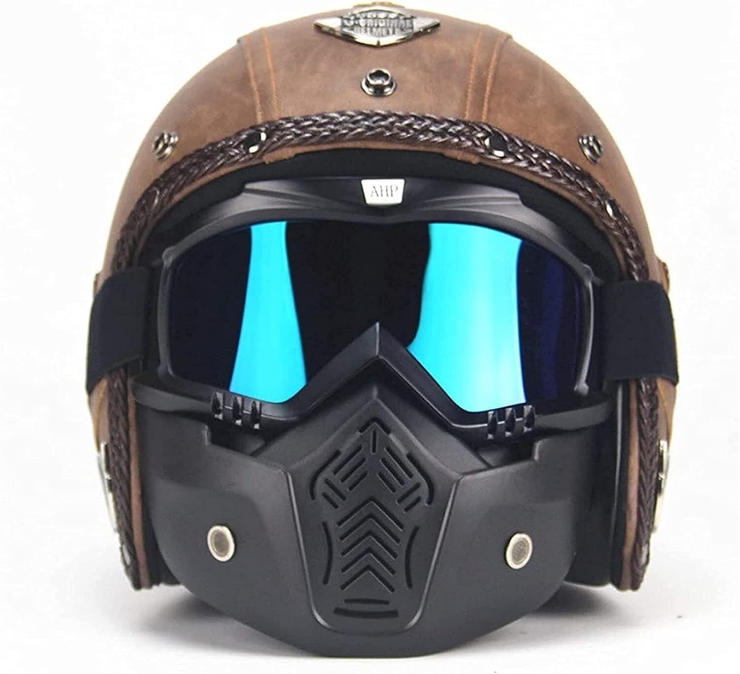 Casque crash pour chopper vintage ouvert marron en cuir avec masque