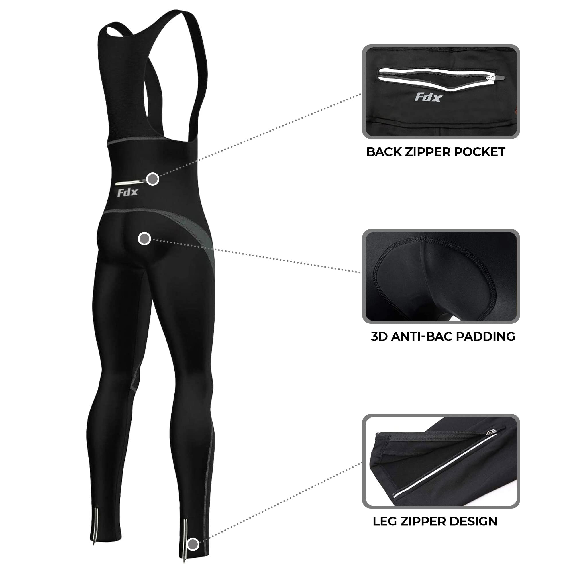 FDX Culotte con Tirantes para Hombre, Acolchado, Ligero y Transpirable, Tejido térmico Roubaix de Secado rápido, con Bolsillo Trasero con Cremallera; Mallas de Ciclismo de Invierno