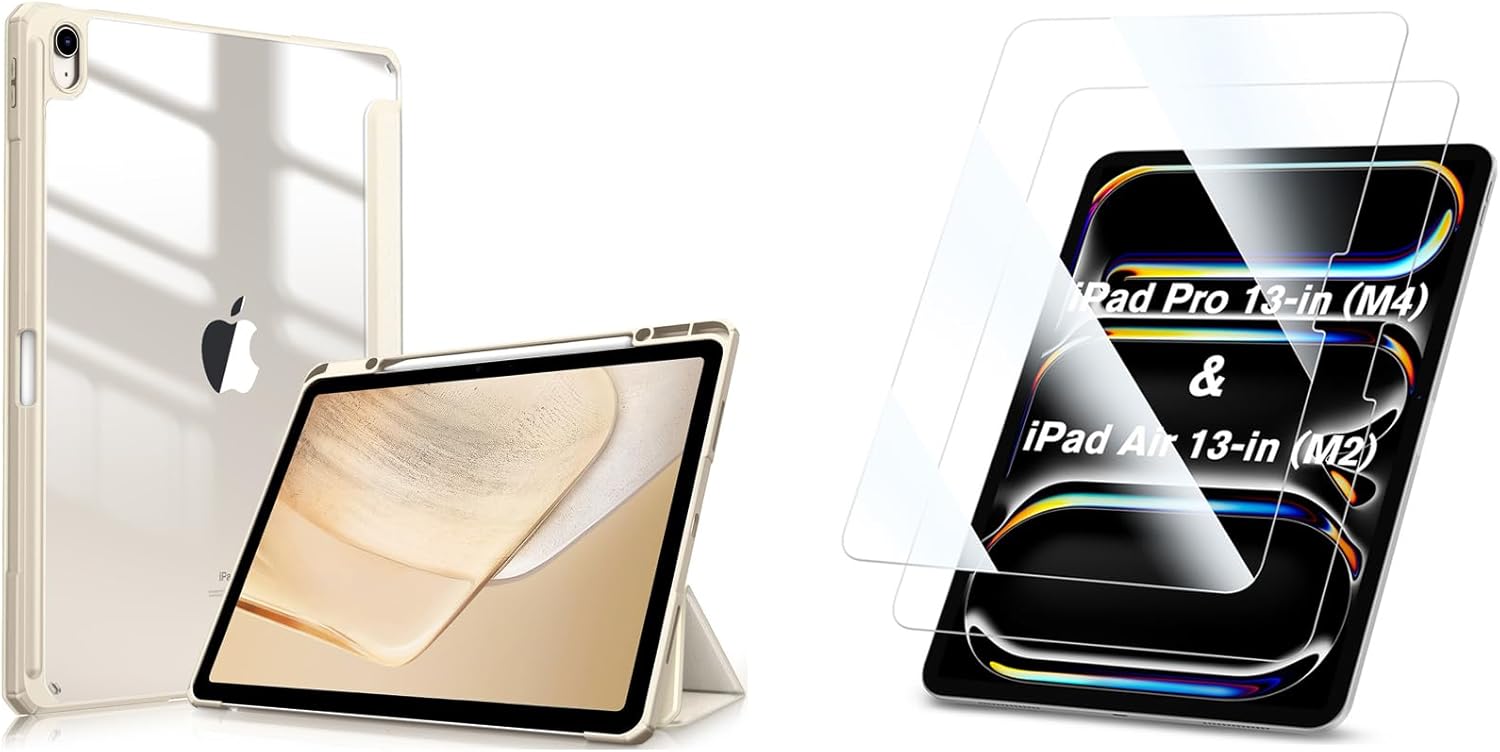 Fintie Bundle: Fintie Hybrid Slim Case for iPad Air 13-inch (M2) 2024, [Built-in Pencil Holder] Shockproof Cover Clear Transparent Back Shell + [2-Pack] Tempered Glass Screen Protector