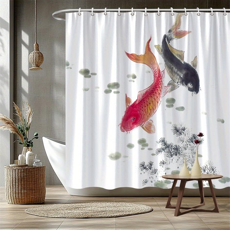 Traditioneller japanischer Duschvorhang mit Koi-Karpfen und Seerosen, wasserdichter Stoff-Badezimmervorhang, Badewannenabtrennung, Badewannendekoration (250 x 220 cm/B x H)