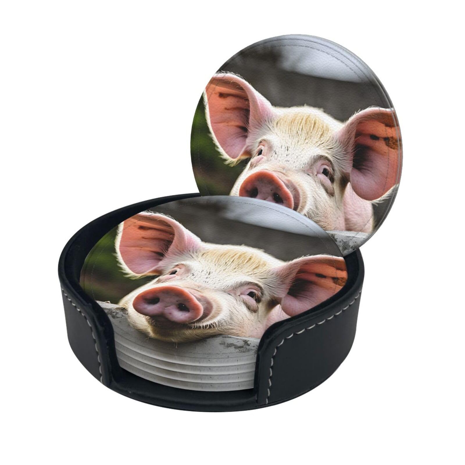 Cute Pig Print Coaster,Round Leather Coasters with Storage Box for Wine Mugs,Cold Drinks and Cups Tabletop Protection (6 Piece)