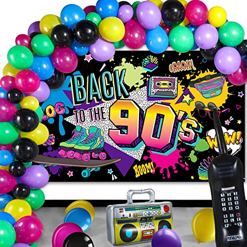 Breling 80s 90s Party Decorations: 80's 90's Party Bundle Includes Inflatable Radio Boombox and Mobile Phone, Backdrop, 55 Balloons, 80s 90s Supplies
