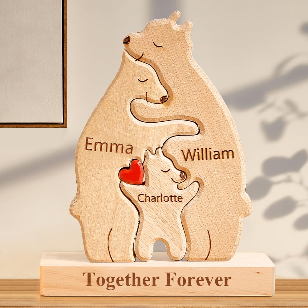Personalized Wooden Hugging Bear Family Puzzle Custom Bear Puzzle with 2-10 Names, Personalized Mother's Day Father's Day Birthday Gifts for Mom, Dad,