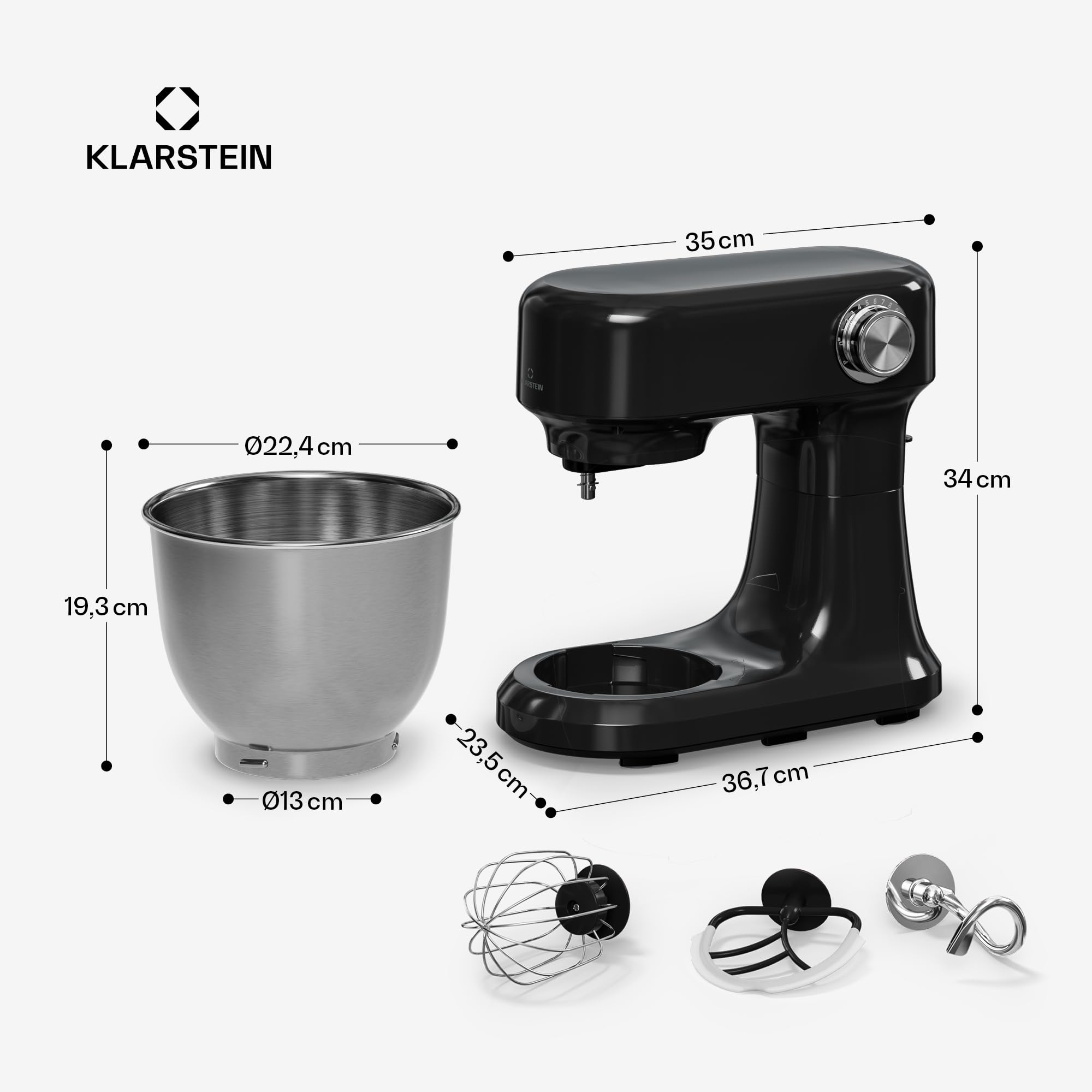 Klarstein Bella Evo Mikser planetarny 1500 W - miska ze stali nierdzewnej 5 l, 12 prędkości, system planetarny, puls, haczyk, trzepaczka i ubijak, wielofunkcyjny robot kuchenny, czarny, czarny
