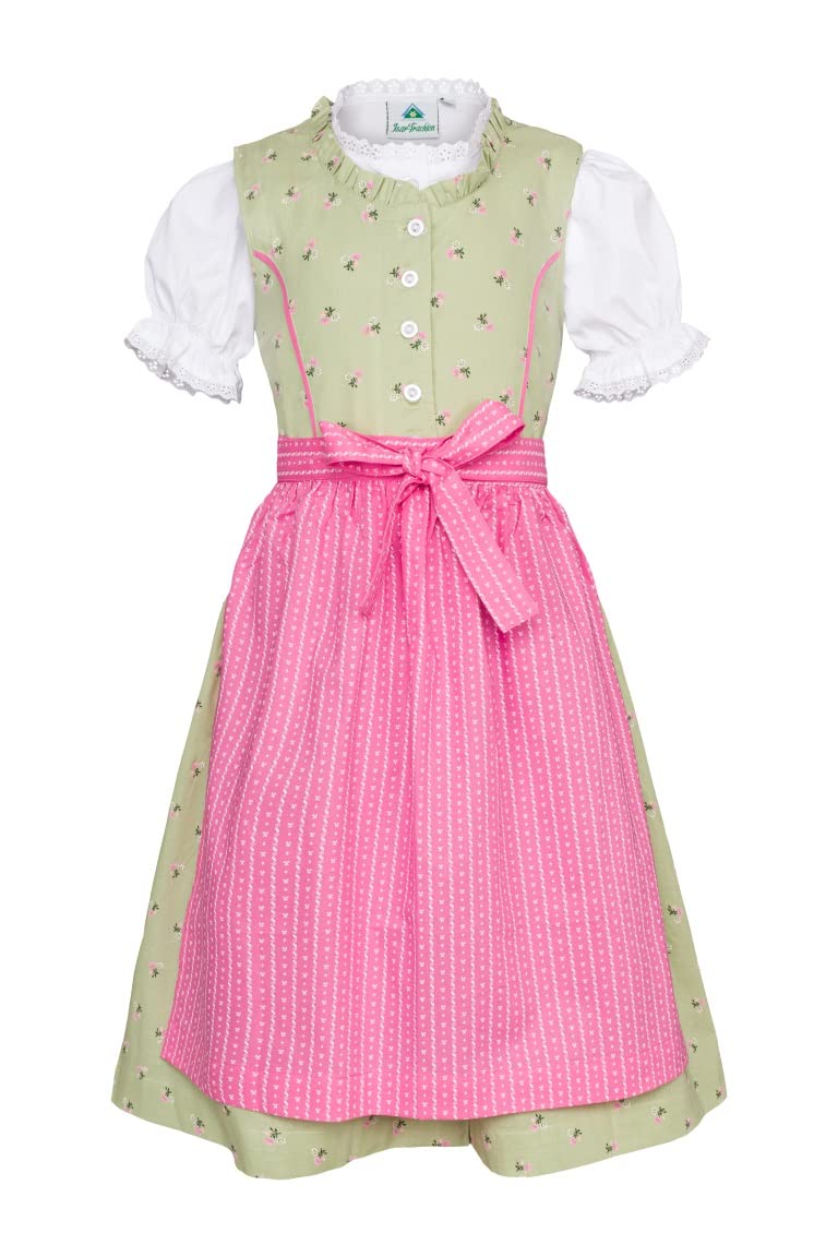 Isar-Trachten Dziecięcy Dirndl 3-cz. Sukienka Bluzka Fartuch dla dziewczynek Oktoberfest Kirchweih wesele Niedzielna wycieczka różowy/zielony, różowy/zielony, 134 cm
