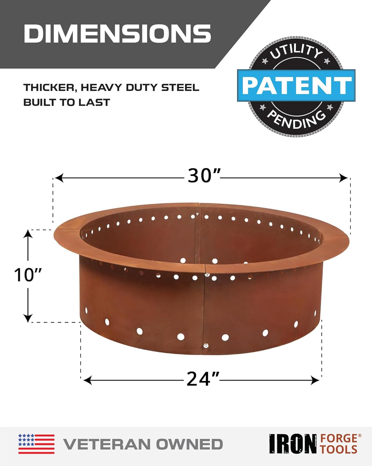 Heavy Duty Metal Smokeless Permanent Fire Pit Ring 30 inch Outer/24 inch Round Fire Pit Insert Liner for Outdoor, Firepits for Outside Corten Steel (30x24x10), Patent Pending