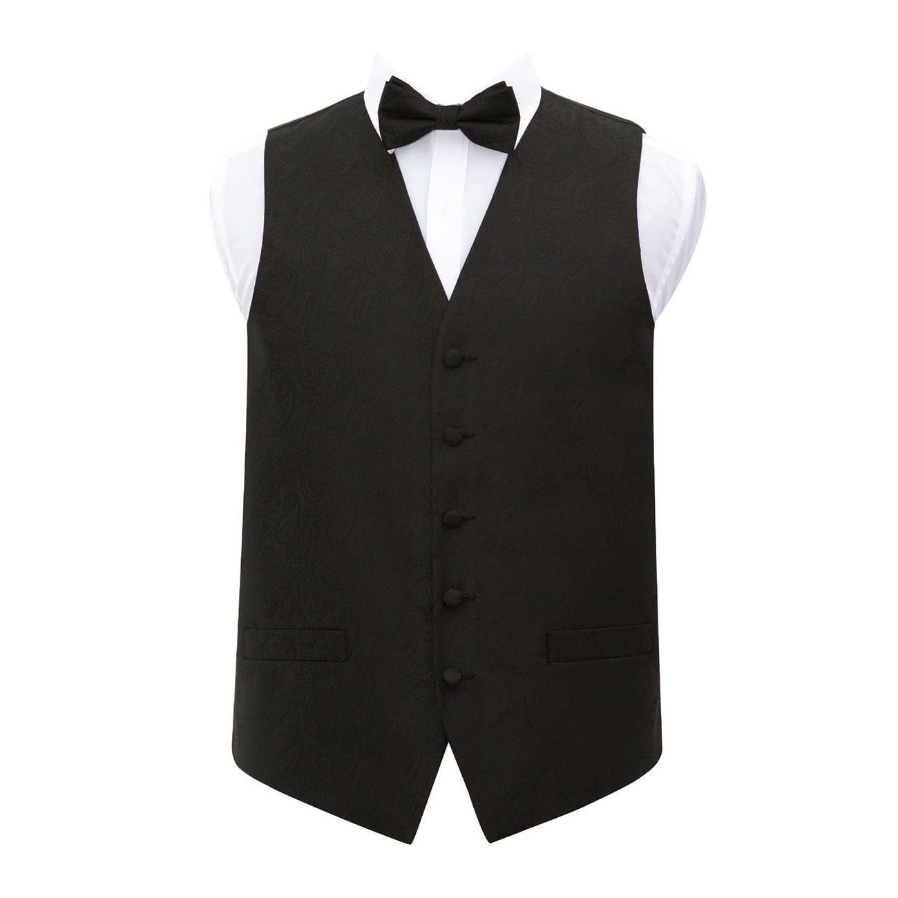 Dqt Men's Black ’S Paisley Floral Wedding Waistcoat Vest & Bow Tie Set – Groom Formal Suit – 46" (3Xl)
