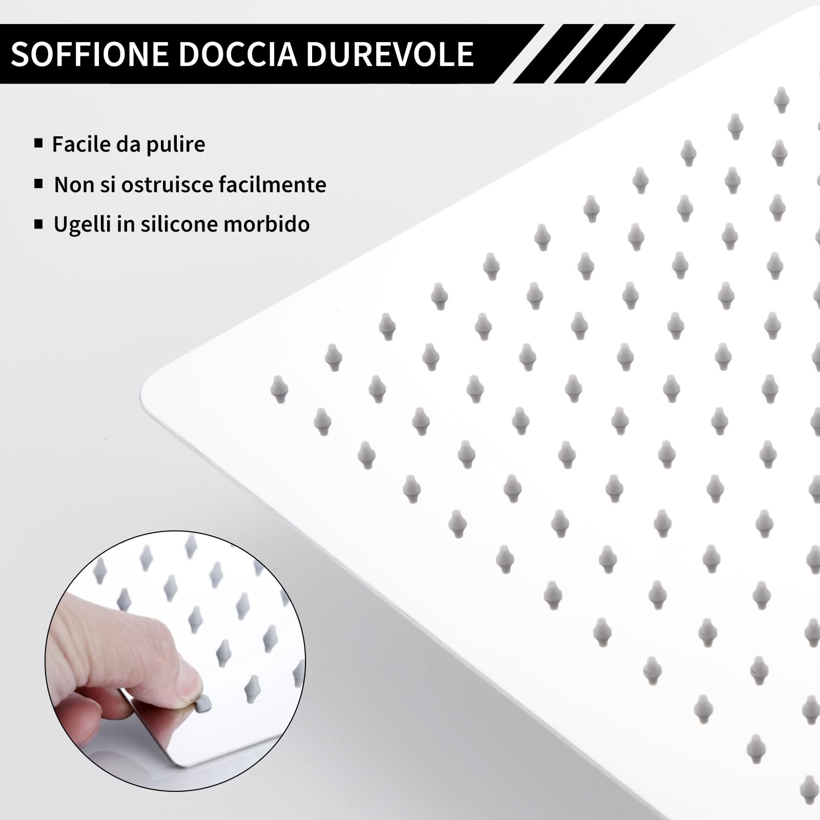 Soffione Doccia Fisso Quadrato 30x30 cm 304 Acciaio Inox Pioggia 144 Ugelli Silicone Anticalcare Regolabile 360° Cromo