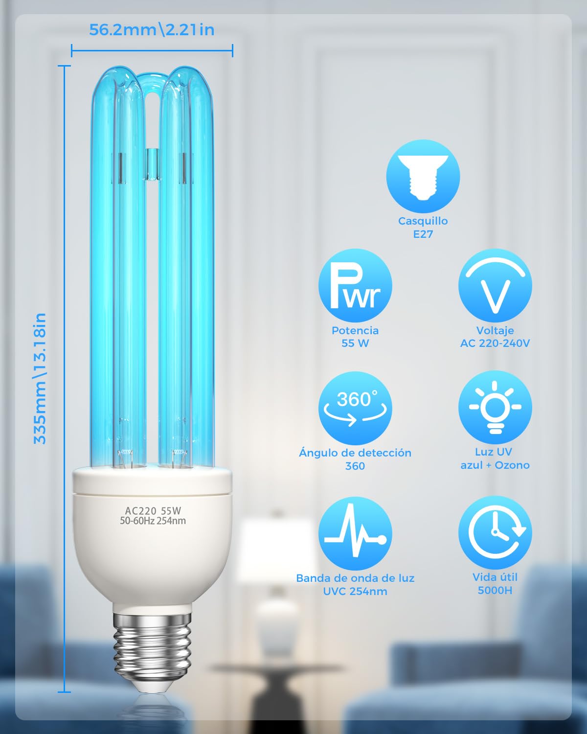 Lampara UV Desinfeccion Lampara UVC Ozono UV Light 55W E27 Blu-Ray con Tubo de Cuarzo UV Germicida Esterilizador AC 220-240V para Hogar, Escuela, Oficina Aire Fresco, UVC 254nm +O₃(1 Unidad)