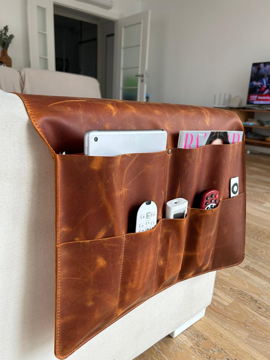 Leather Sofa Armrest Organizer, Handmade Couch Caddy with 7 Pockets For Magazines, Tablets, Remote Controls, Books and Accessories