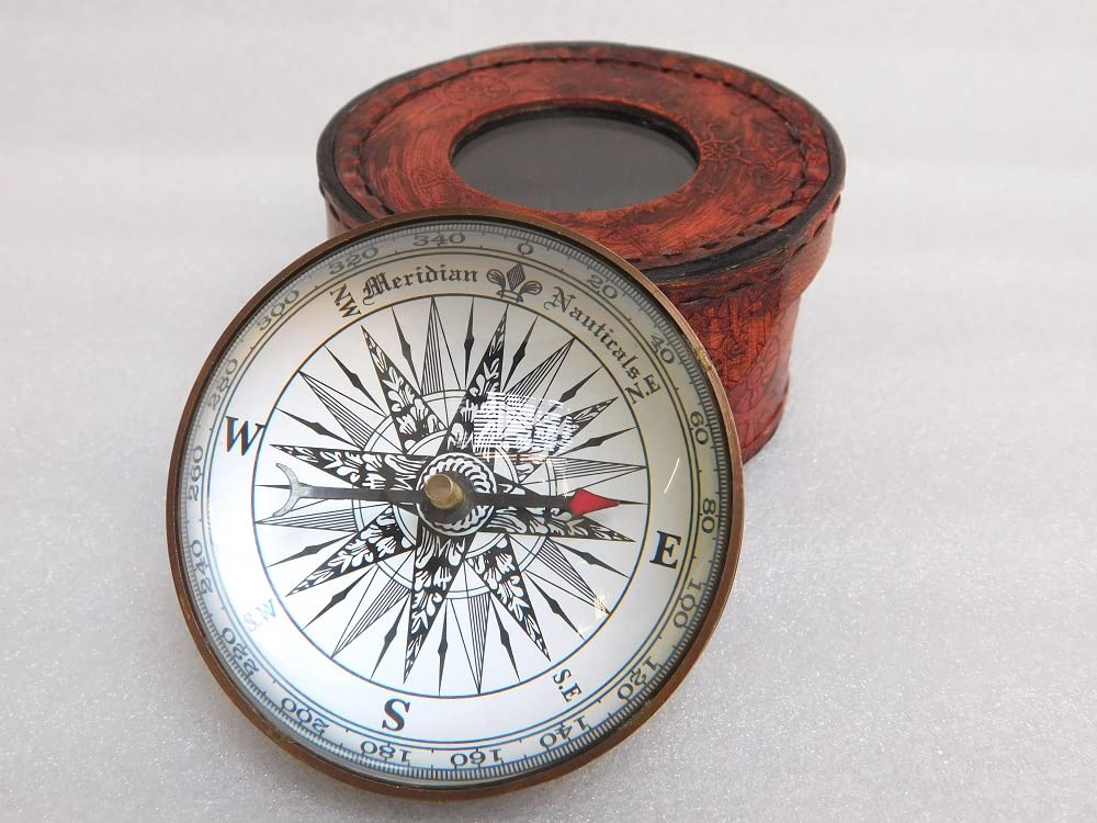 KHUMYAYAD Brass Compass Desk Compass Navigation Compass Ship Compass with 75mm Doom Glass Lance With Embossed Leather Case