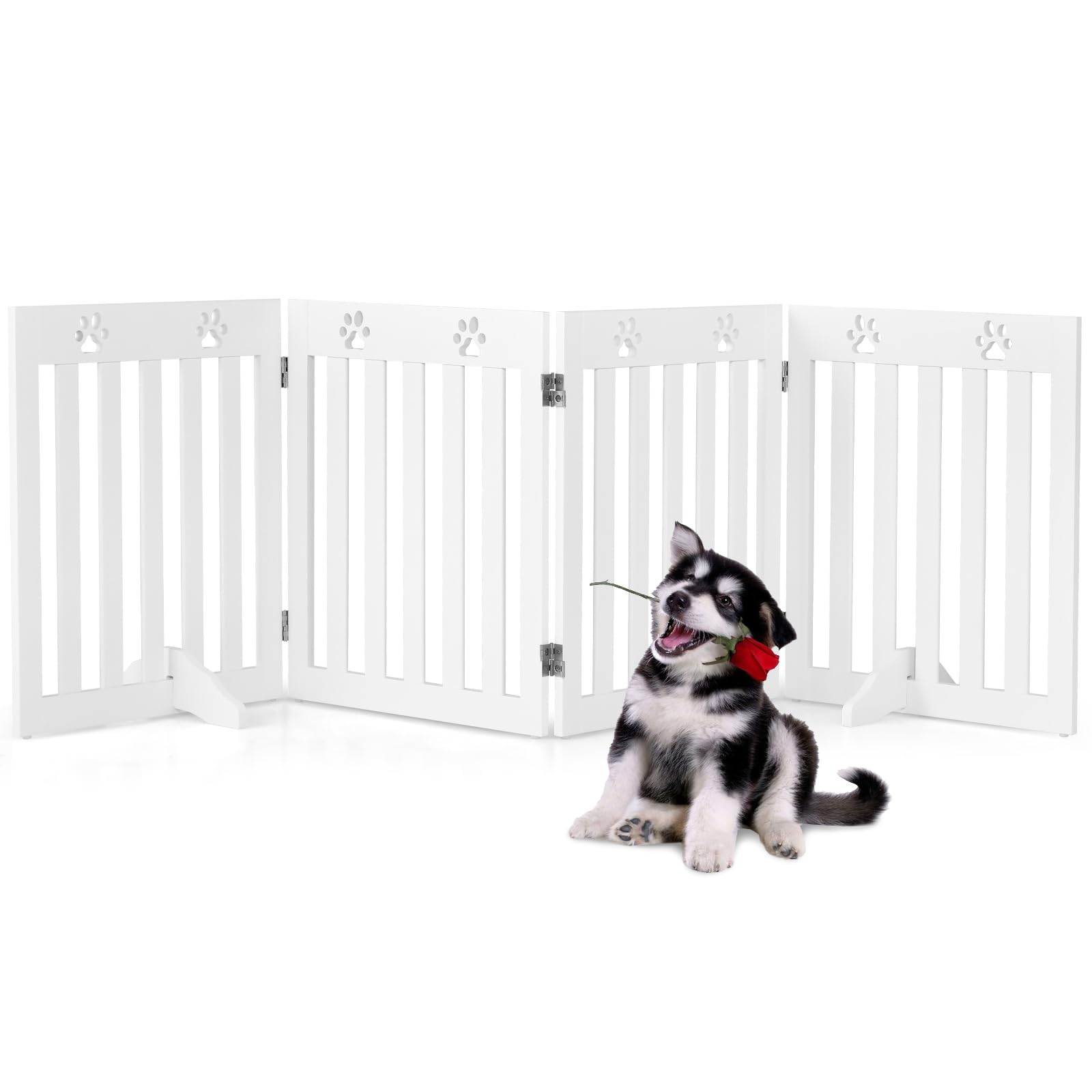 RELAX4LIFE Schutzgitter faltbar, Absperrgitter 3/4 Teile, Hundegitter Hundespur-Design, für Kinder Hunde Tiere, Sicherheitsgitter 360° drehbar, Gitter für Treppe Balkon Kamin Tür (4 Teilig, Weiß)