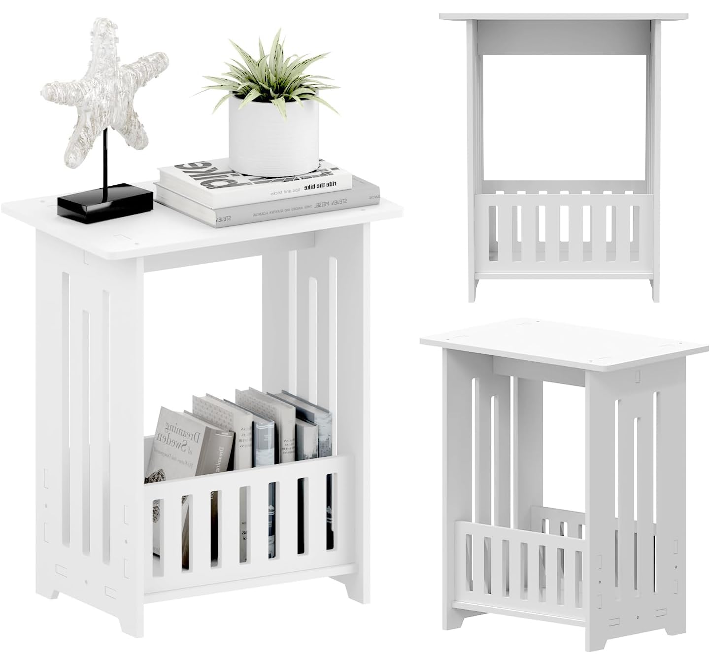 2 Tier Narrow Side Table with Storage Shelf, Modern Small Bedside Sofa Slim End Table Space Saving with Magazine Rack, White Bedside Table, Small Tables for Living Room, Hallway, Bedroom
