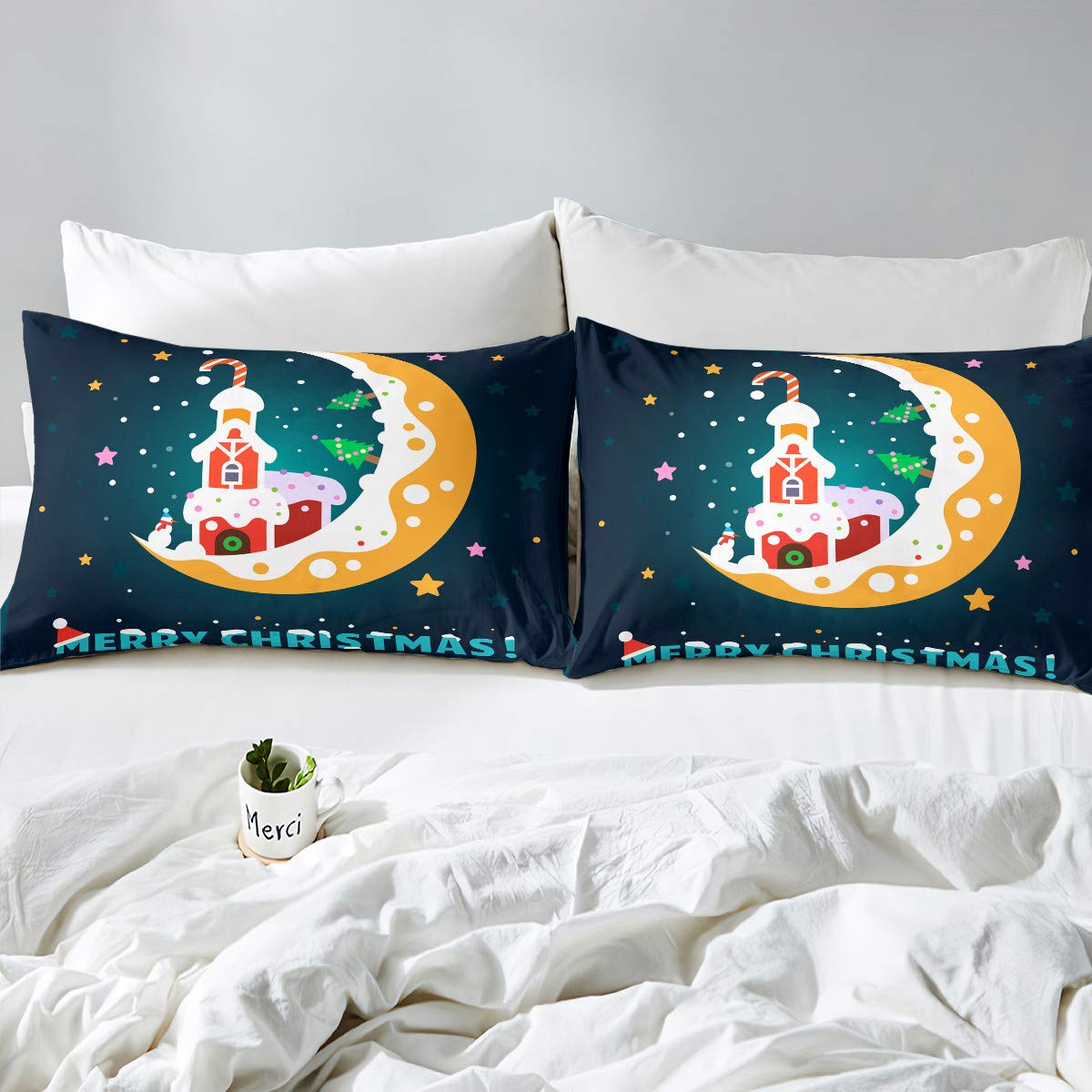 Juego de sábanas ajustables para niños, diseño de estrella y luna de dibujos animados de Navidad, juego de sábanas de árbol de Navidad, juego de sábanas para decoración de habitación de niños y