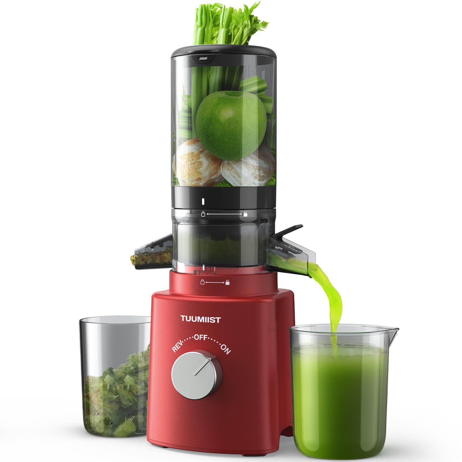 TUUMIIST - Cold Press Juicer with 4.25" Large Feed Channel for Whole Vegetables and Fruits, Easy to Clean Chewing Juicer, Red