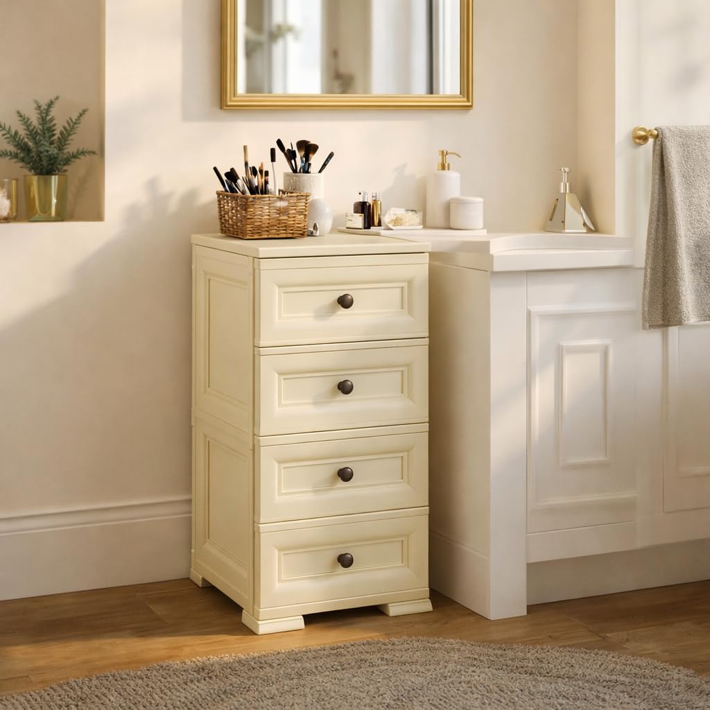 Cassettiera Alta in Plastica con 4 Cassetti Piccoli, Mobile Contenitore Compatto per Organizzazione Casa, Cassettiera Salvaspazio per Ingresso e Zona Giorno, 40x43x85,5 cm (Angora)