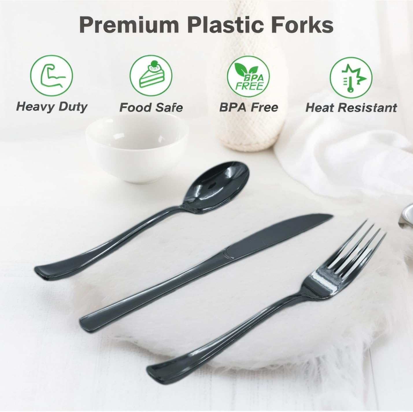 300 Pieces Of Black Plastic Silverware,Heavy Duty, 100 Forks, 100 Spoons, 100 Knives, Heat-Resistant and BPA-free Disposable Silverware,Party Supplies, High-end Utensils