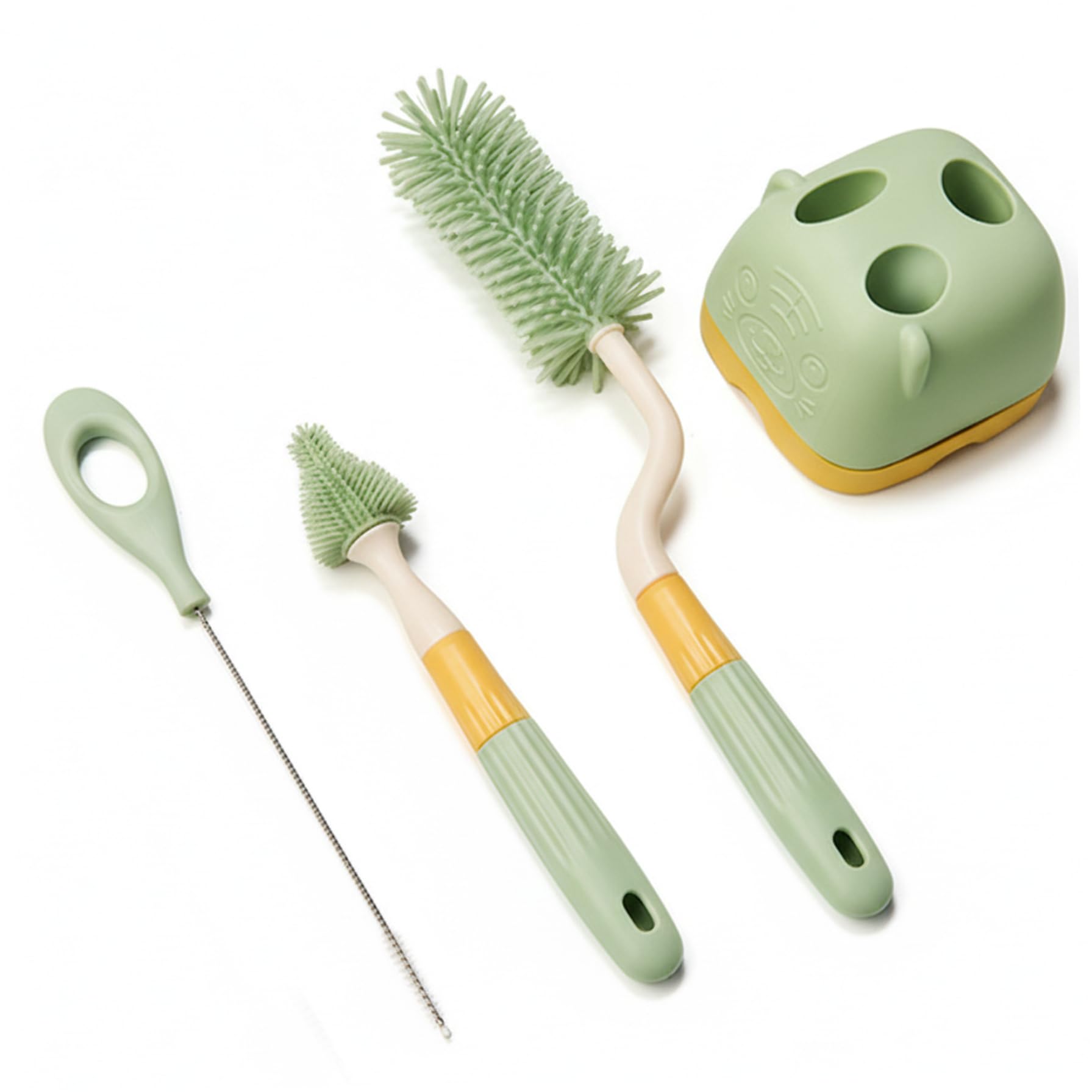 Silicone Baby Bottle Brush Set with Stand –3-Piece Bottle Brush Kit for Bottles Nipples Straws (Green)