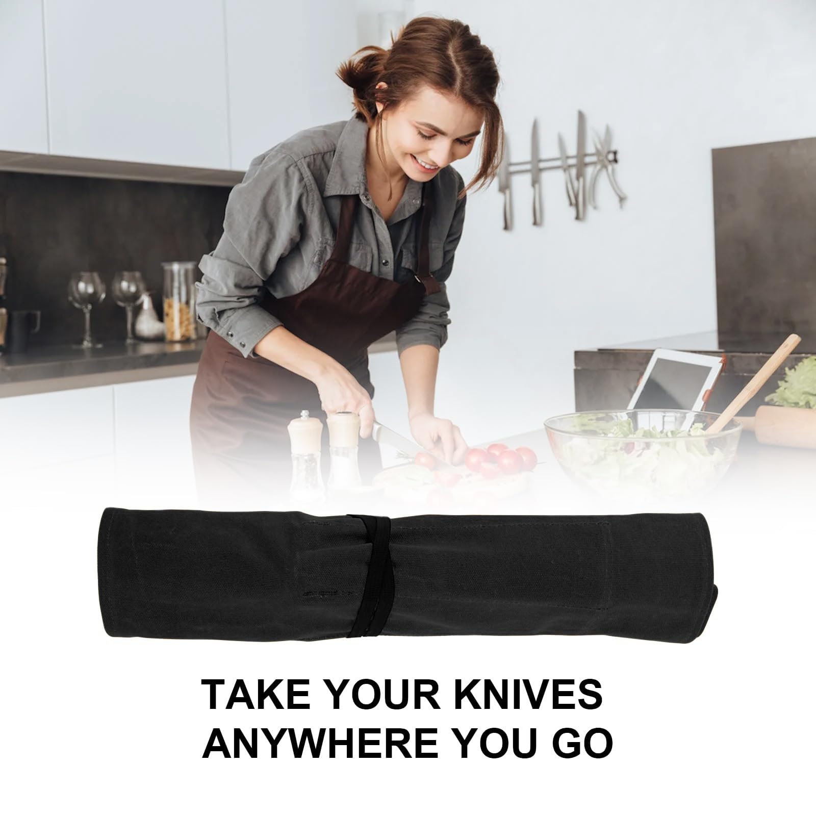 Borsa per coltelli, coltello da cucina con 8 scomparti per coltelli e cucchiai, in tela di cera, regalo per cuochi professionisti o appassionati culinari, Nero , 56 x 43 cm, Conservazione di