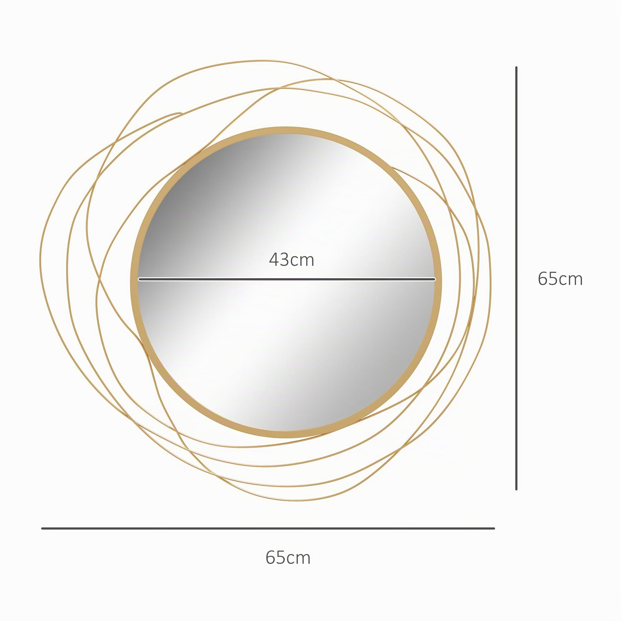 HOMCOM Wandspiegel, Ø65 cm Wandschmuck mit Spiegel, Metallrahmen, Flurspiegel, Wandkunstwerk für Wohnzimmer, Schlafzimmer, Gold