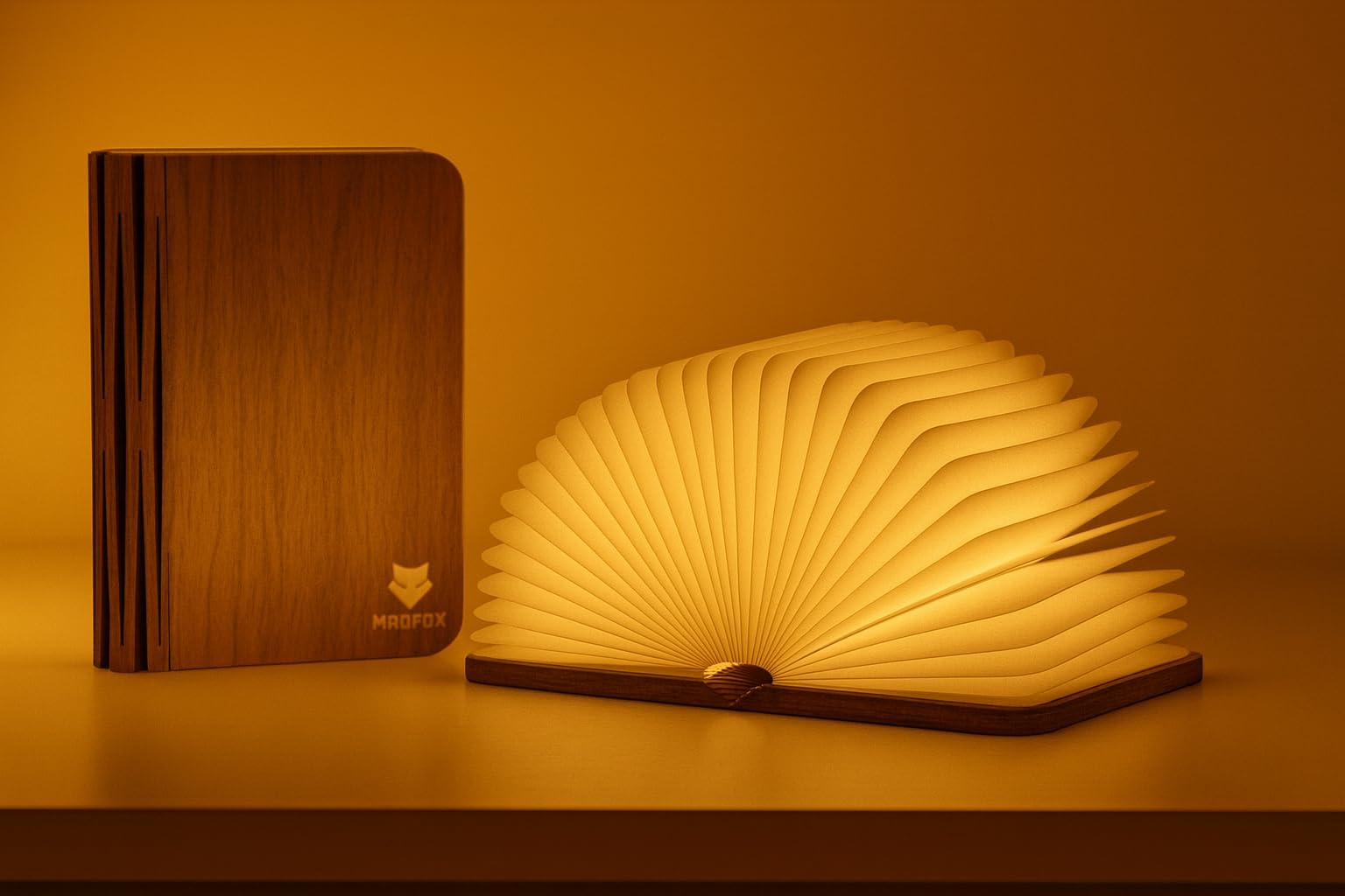 MAD FOX Smart Book Lamp, (wanult) 360-Degree Foldable LED Light, Rechargeable via USB, Wooden Cover with Tyvek Pages (wanult)