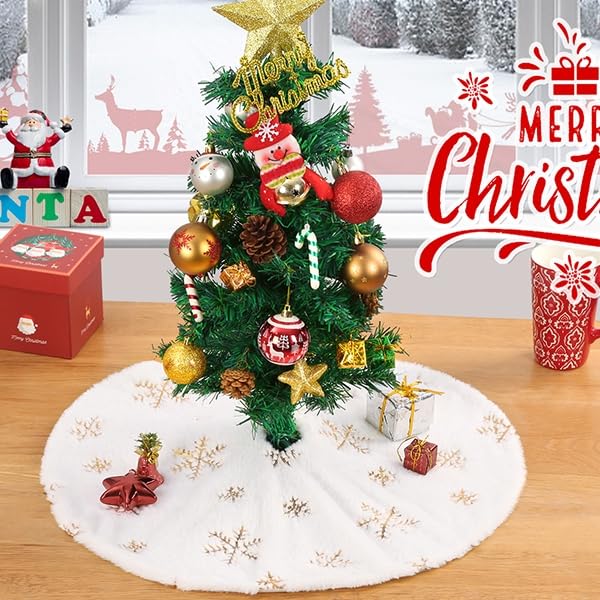 Christmas Tree Skirt Gold 36 inches Large White Faux Fur Tree Skirt Sequin Snowflakes Plush Tree Skirt for Xmas Christmas Tree Decorations Indoor and Outdoor by QueenDream - Image 2